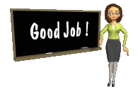 Teacher pointing to good job message on chalkboard